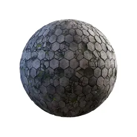 Damageded hexagon concrete pavement with moss
